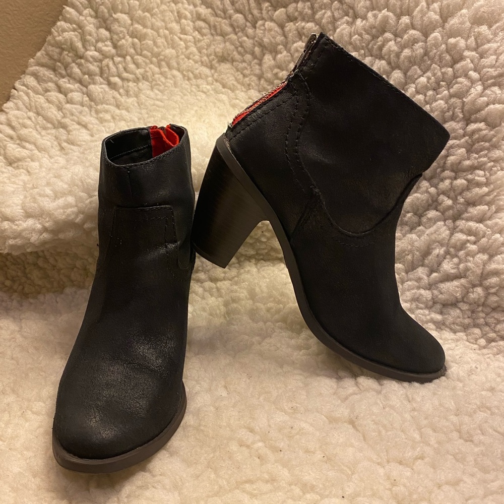 Black Suede-Like Booties with Red Detail